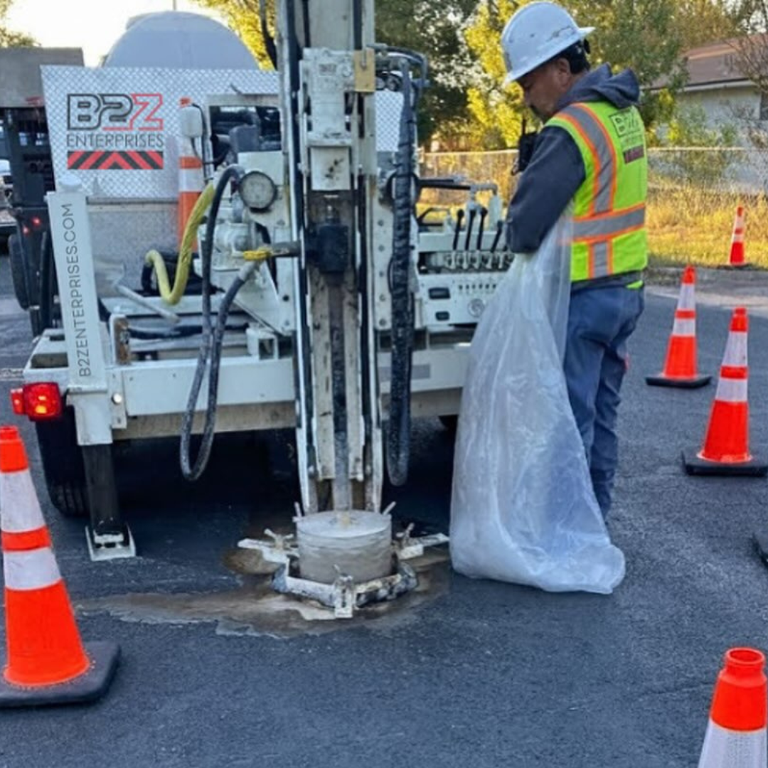 Roadway asphalt coring crew with TxDOT-compliant setup in mcallen texas